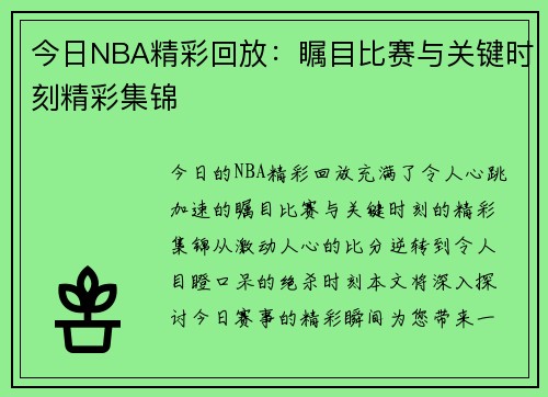 今日NBA精彩回放：瞩目比赛与关键时刻精彩集锦