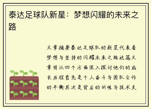 泰达足球队新星：梦想闪耀的未来之路